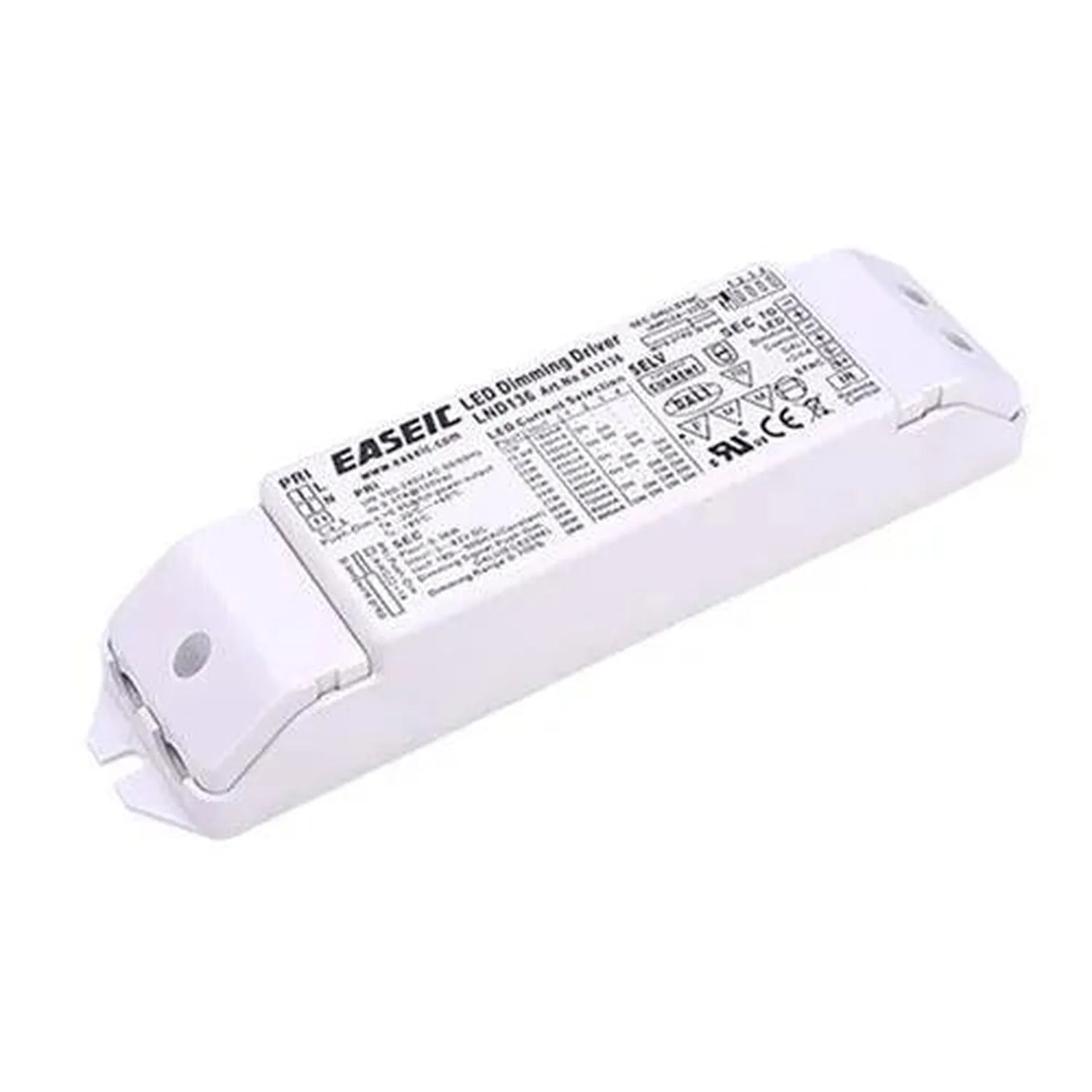 White rectangular LED driver with technical specifications label, showing EASEIC branding and certification marks on front pa