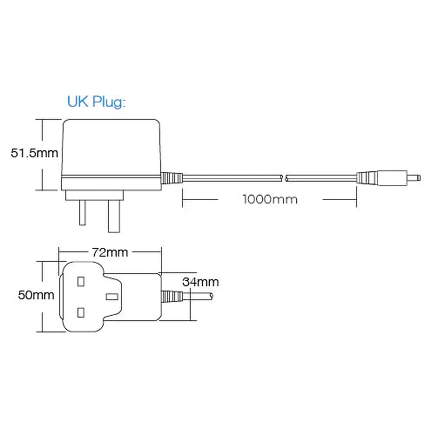Technical dimension diagram of UK plug power supply adaptor showing side and front views with measurements including 51.5mm h