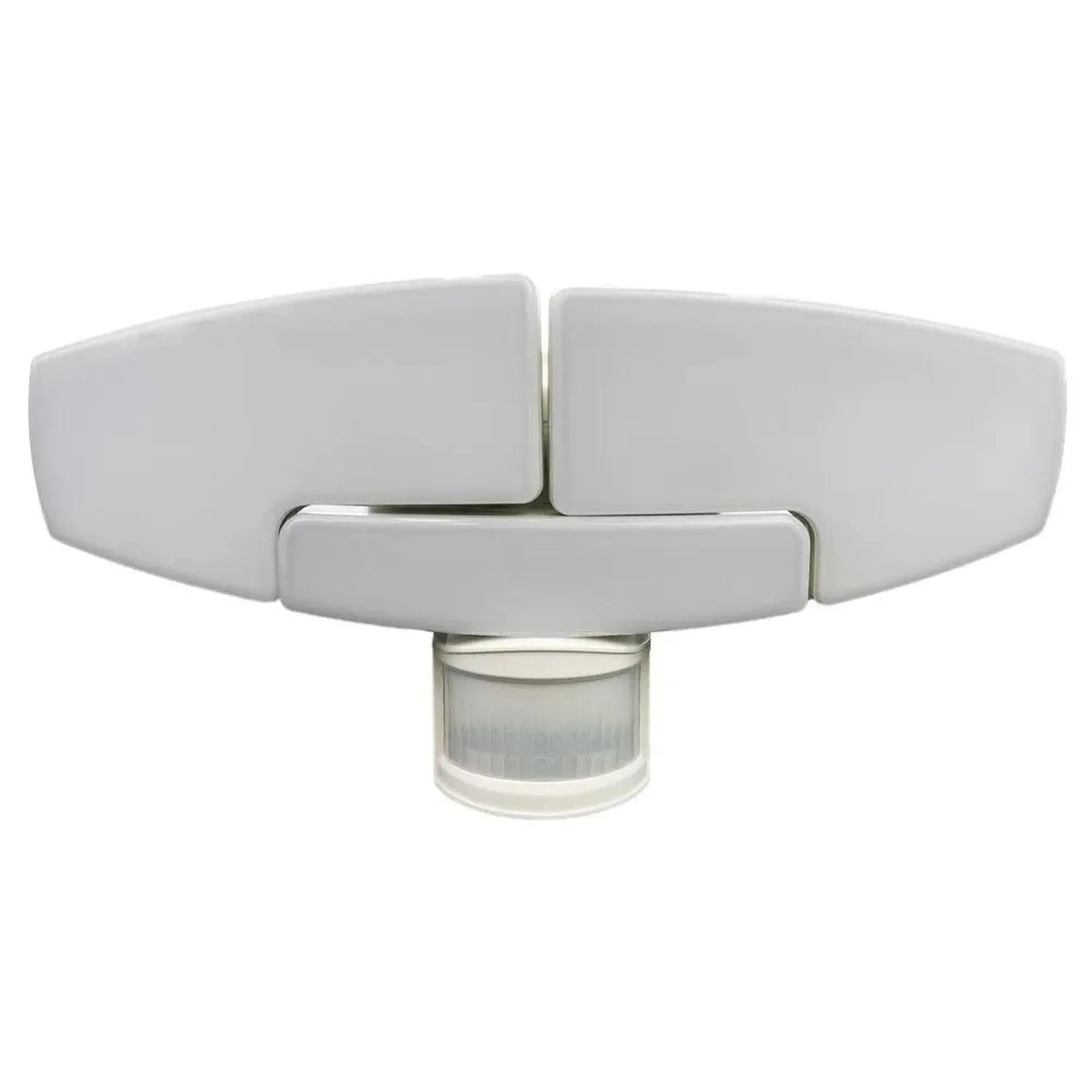 White solar motion-activated security light with dual adjustable heads and PIR sensor mounted below, product shot on white ba