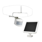 White solar security light with motion sensor and control panel display, product shot on white background.
