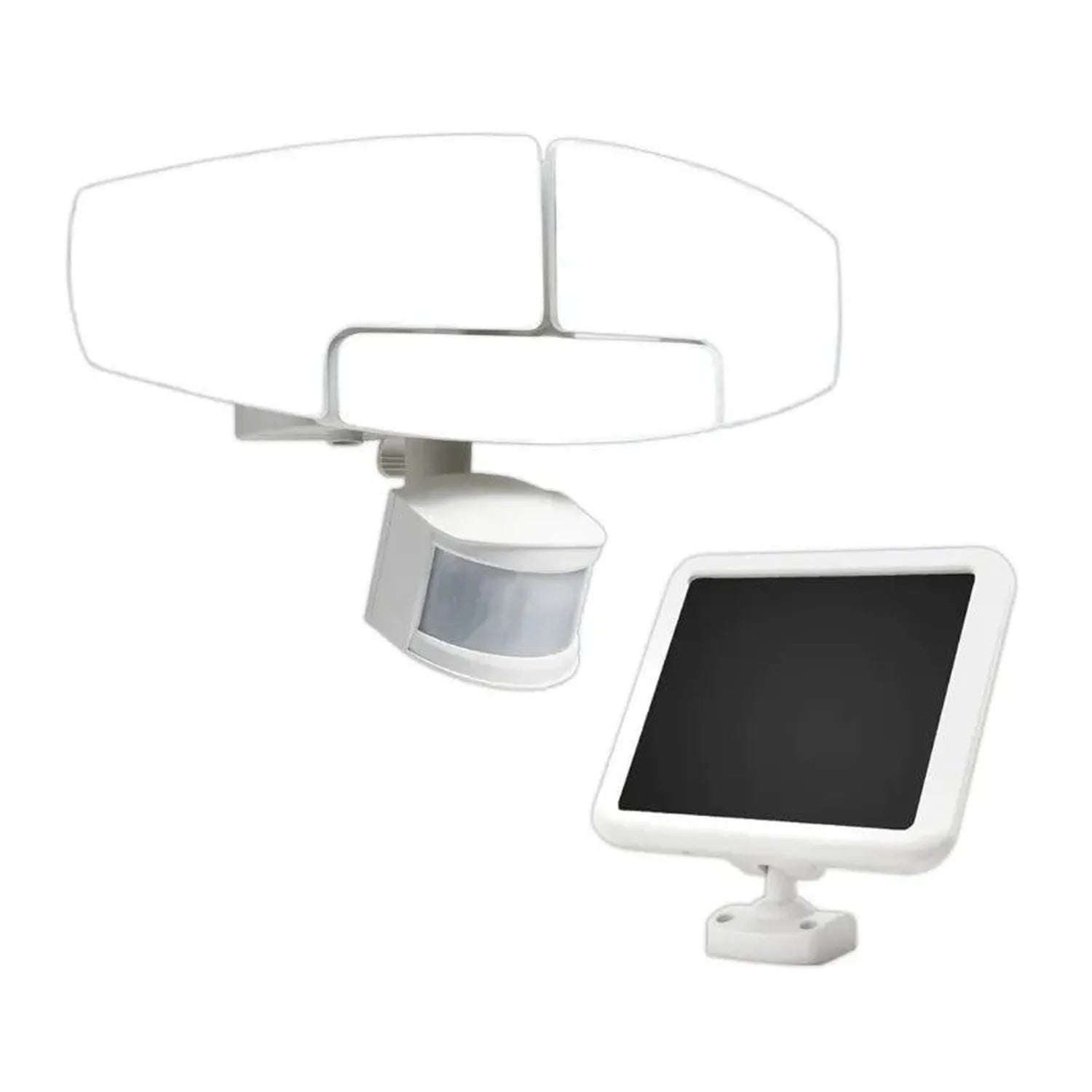White solar security light with motion sensor and control panel display, product shot on white background.