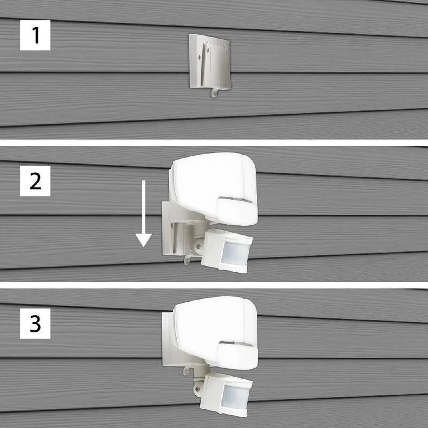 Three-step installation guide showing motion-activated solar light mounting on siding, from bracket attachment to final posit