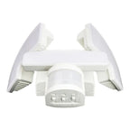 White solar security light with dual motion sensors and adjustable control panel, top view.