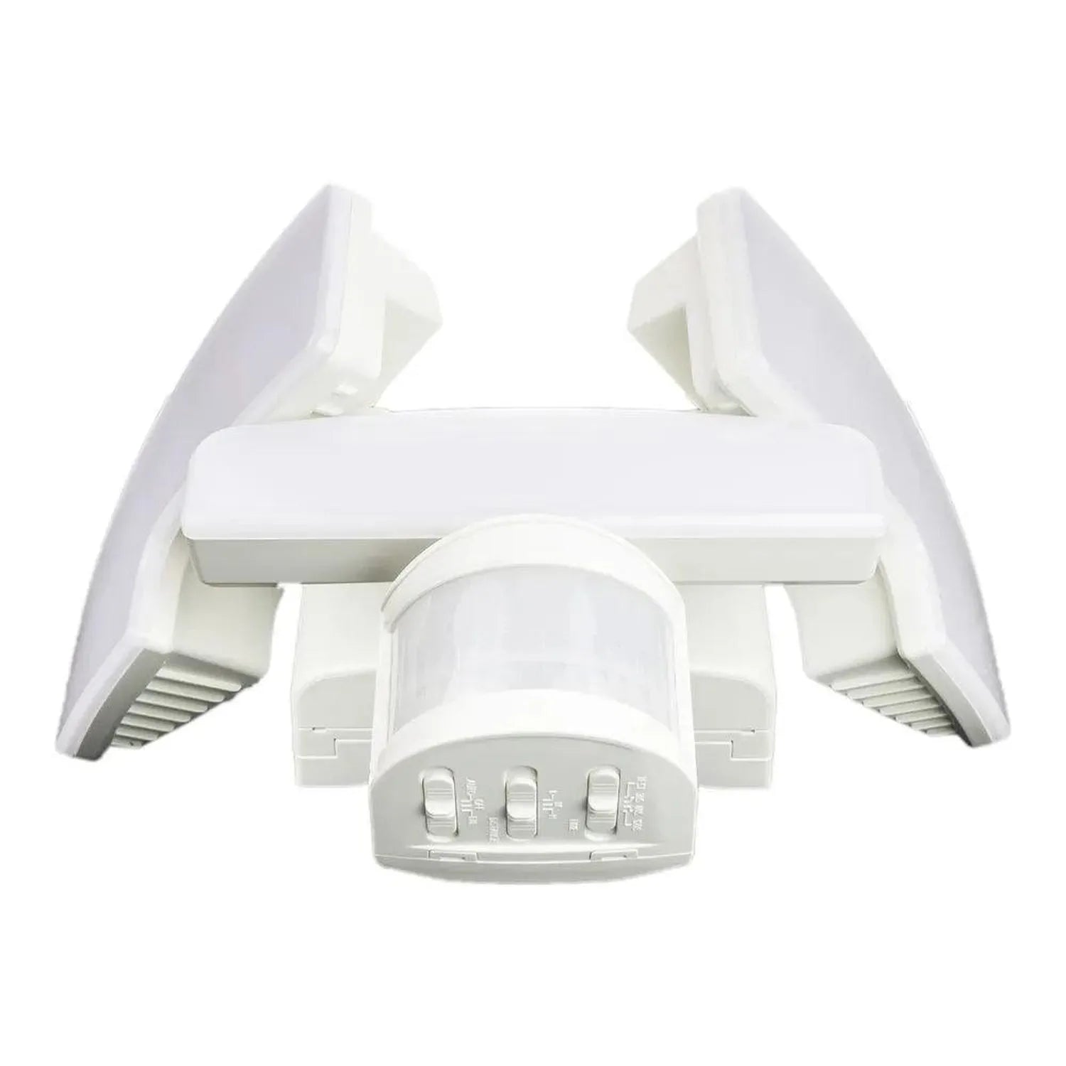 White solar security light with dual motion sensors and adjustable control panel, top view.