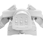 Top-down view of white solar security light with motion sensor, showing three LED slots and articulating arms folded upward.