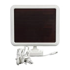 White solar panel mounted on white bracket with coiled white power cord and connector, product displayed against white backgr
