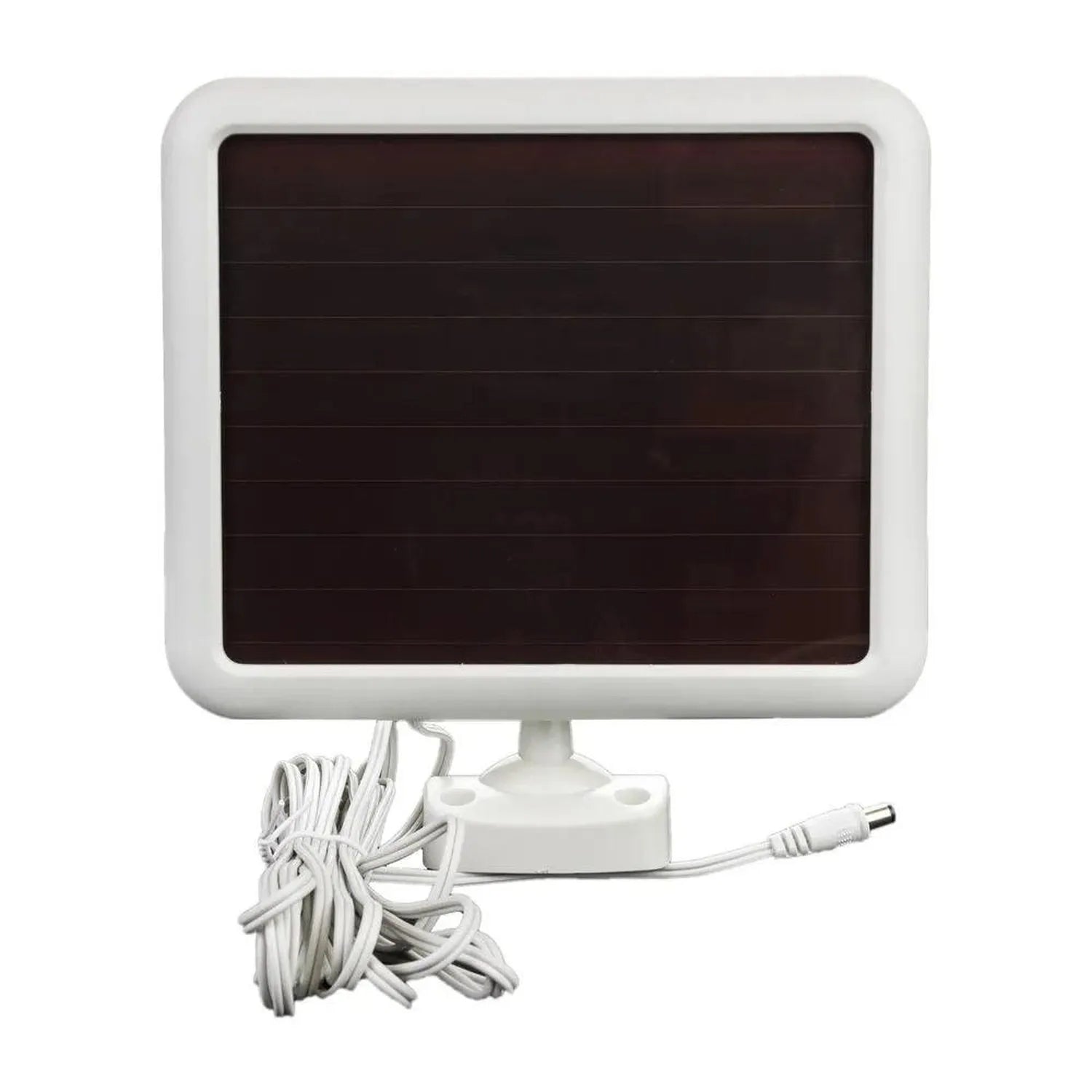 White solar panel mounted on white bracket with coiled white power cord and connector, product displayed against white backgr