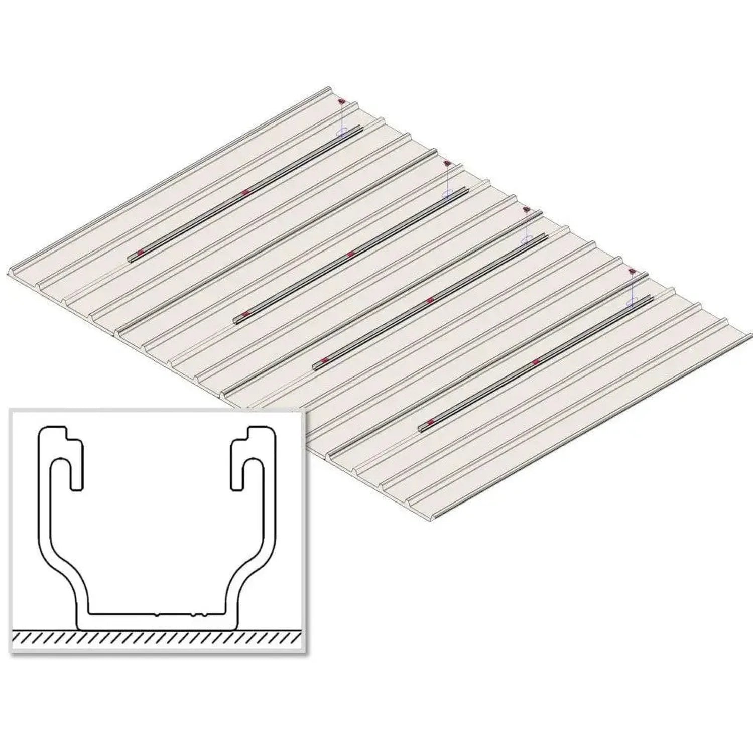 Isometric view of solar panel mounting system with parallel light bars on flat roof, plus cross-section detail showing clip a