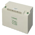 Hoppecke cream-colored lead-acid battery with green terminal caps, vents on top, and recycling symbol on front face.