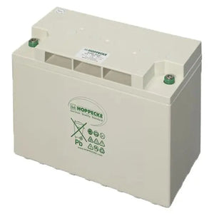 Hoppecke cream-colored lead-acid battery with green terminal caps, vents on top, and recycling symbol on front face.