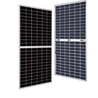 Two 625W bifacial solar panels displayed at an angle, showing black monocrystalline cells in white aluminum frames with dual 