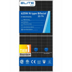 Elite Solar 625W N-type bifacial solar panel product specifications sheet showing efficiency rating, features, warranties, an