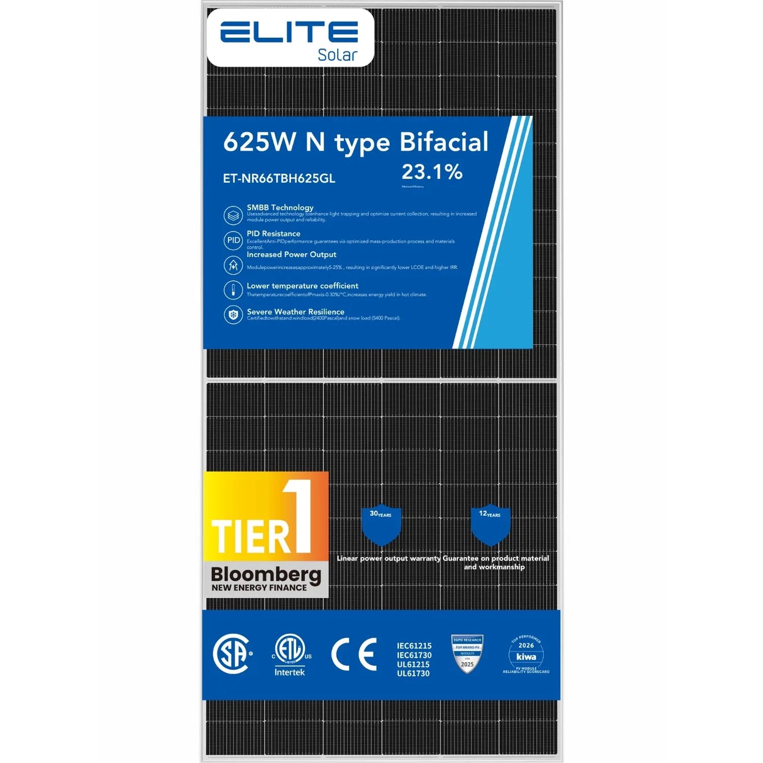 Elite Solar 625W N-type bifacial solar panel product specifications sheet showing efficiency rating, features, warranties, an