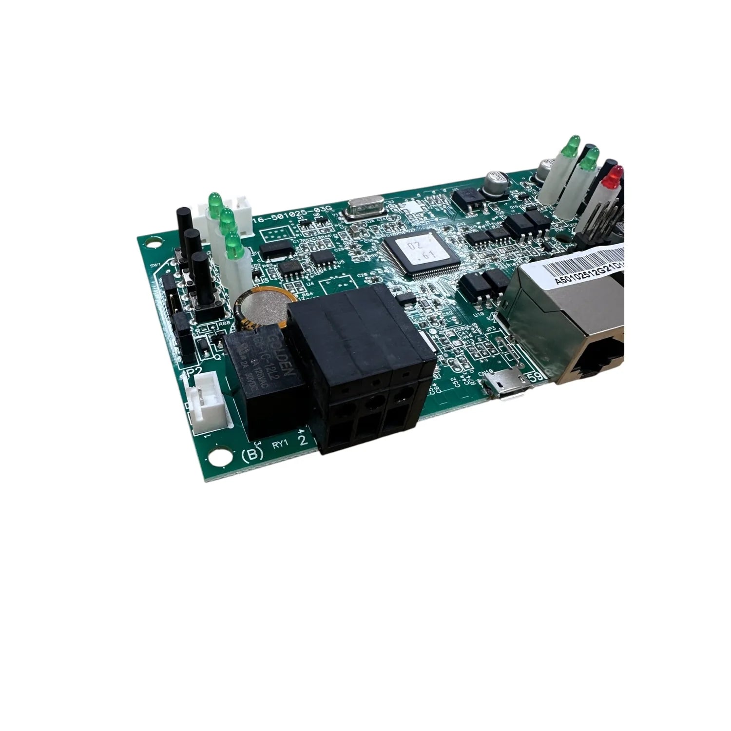 Green circuit board with integrated components, relays, and terminal connectors for Axpert inverter control system.