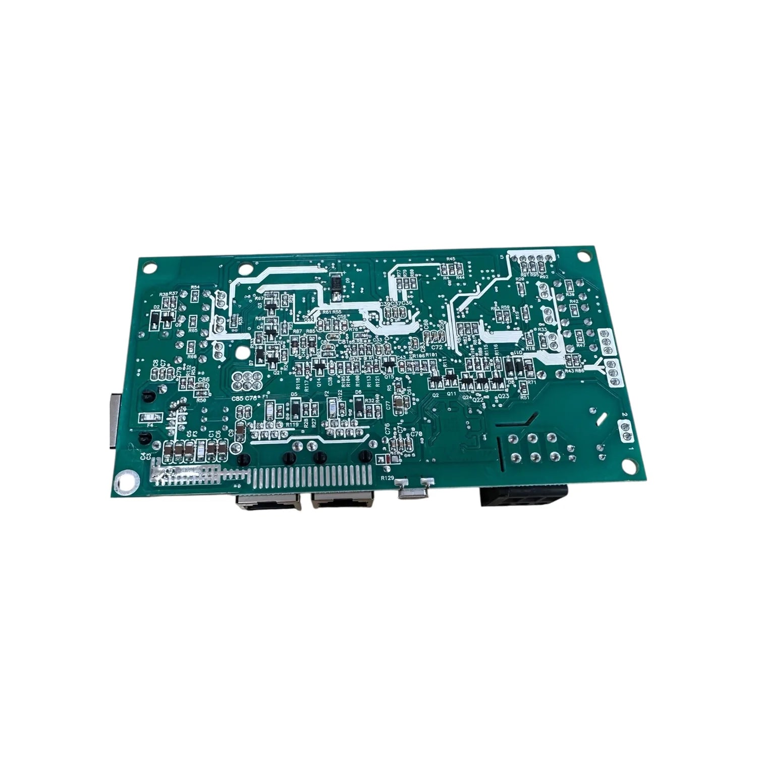 Green circuit board with electronic components, connectors, and integrated circuits for Bluetooth LCD remote control.