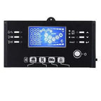 Black rectangular PCB board with blue LCD display showing digital readouts, control buttons, and connectivity icons for Bluet