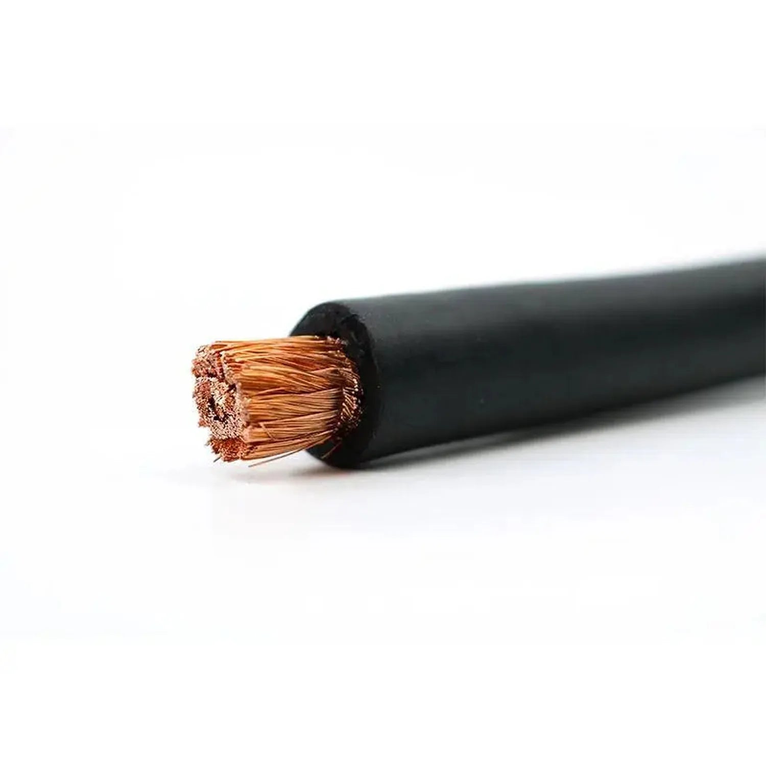 Black flexible DC cable with exposed copper strands at the cut end, showing internal conductor bundling.