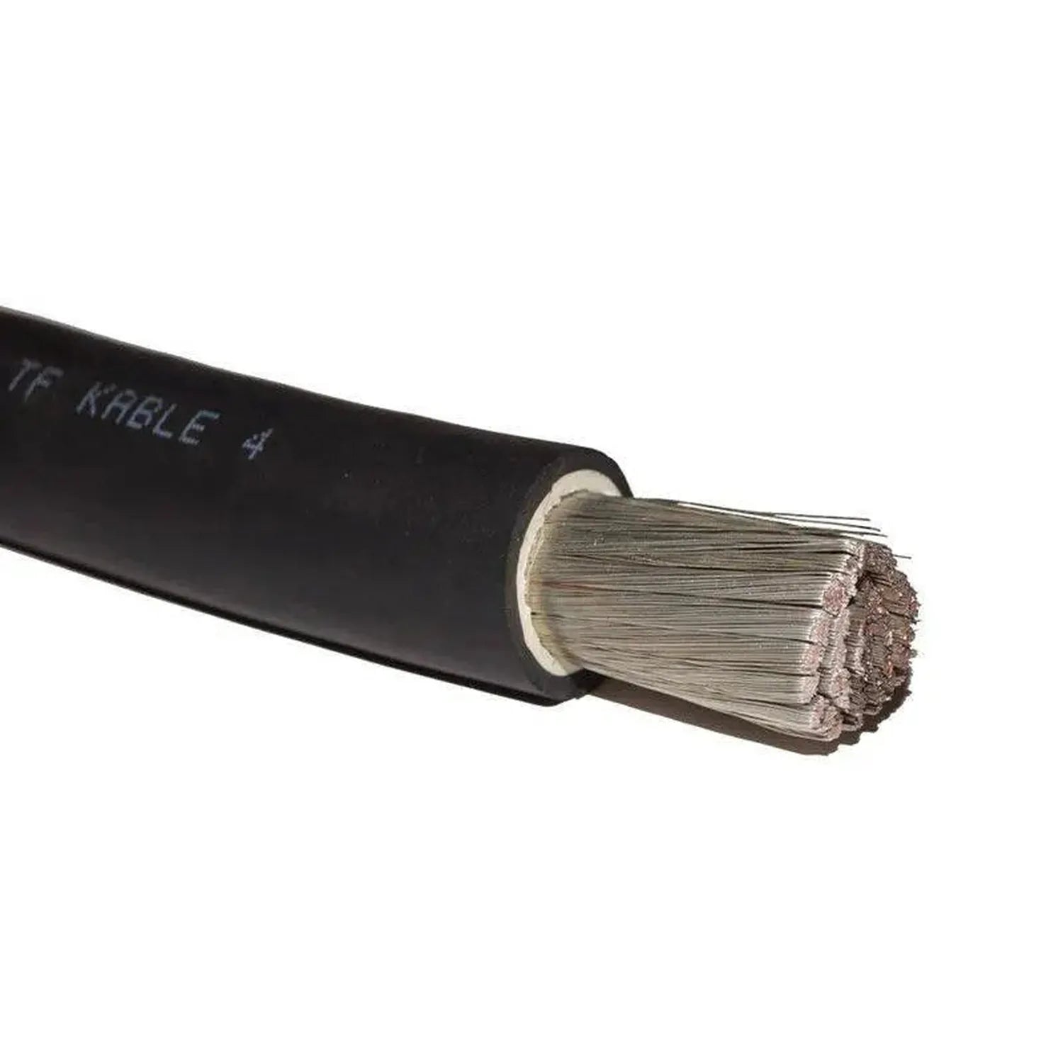 Black flexible battery cable with bare tinned copper conductor, labeled ITF Kable 4, end view showing stranded wire exposed.