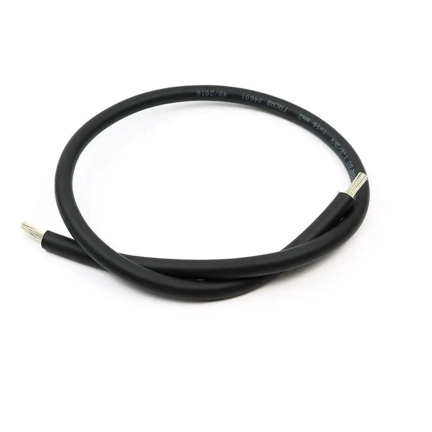 Black flexible DC battery cable with tinned copper connectors, coiled on white background.