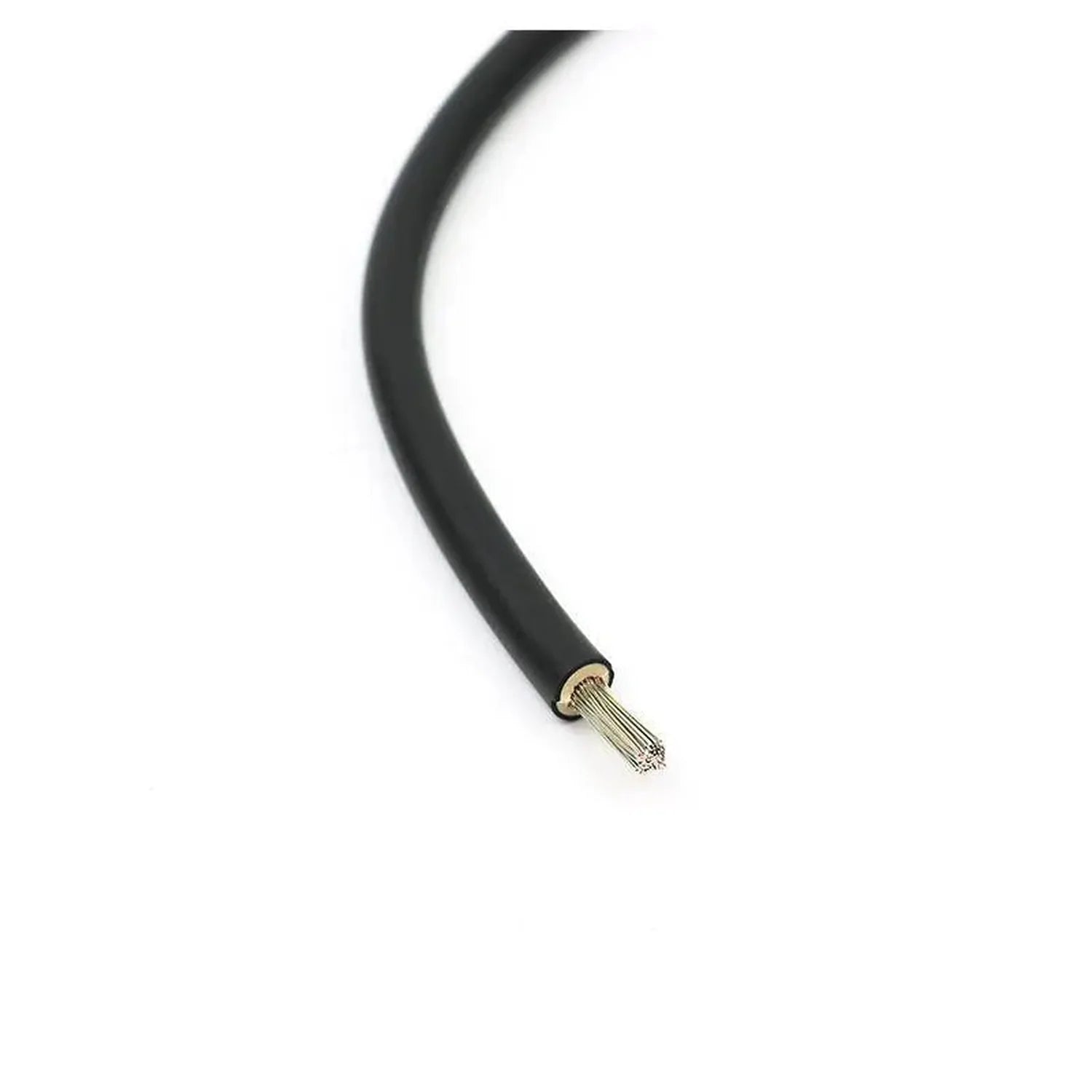 Black flexible DC cable with exposed stranded copper conductor at the end, shown against white background.