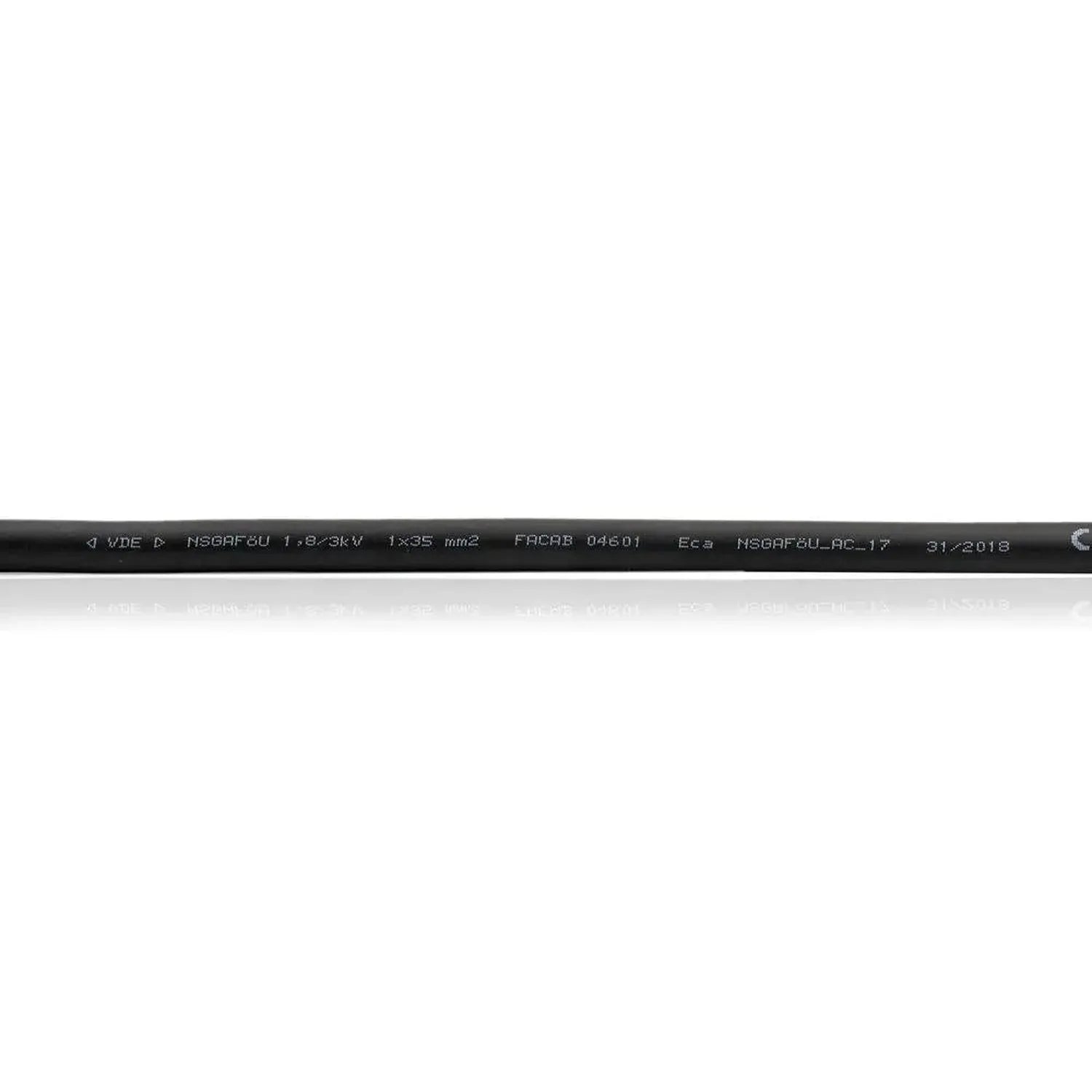 Close-up of black cable jacket printed with specifications including voltage rating, cross-section, and date code.