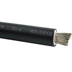 Black battery cable with exposed braided metal conductor, showing gauge markings on insulation.
