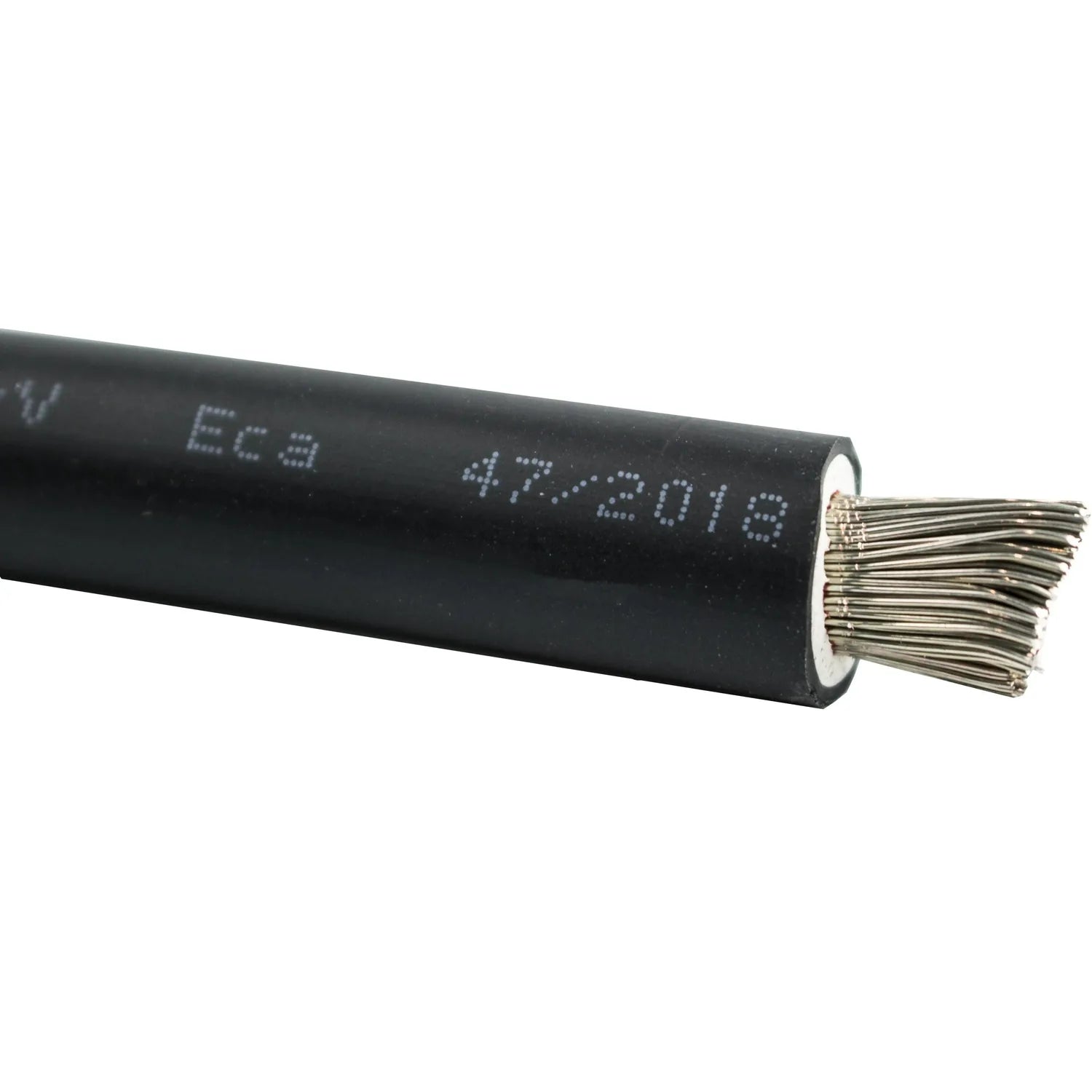 Black battery cable with exposed braided metal conductor, showing gauge markings on insulation.