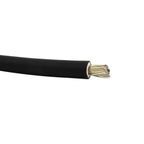 Black insulated battery cable with exposed braided copper conductor end against white background.