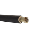 Black insulated battery cable with exposed copper conductor strands at cut end, showing internal construction.