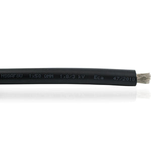 Black flexible cable with printed specifications including 1x50 QMM, 1.6/2.3 KV rating, and manufacturing date visible on the