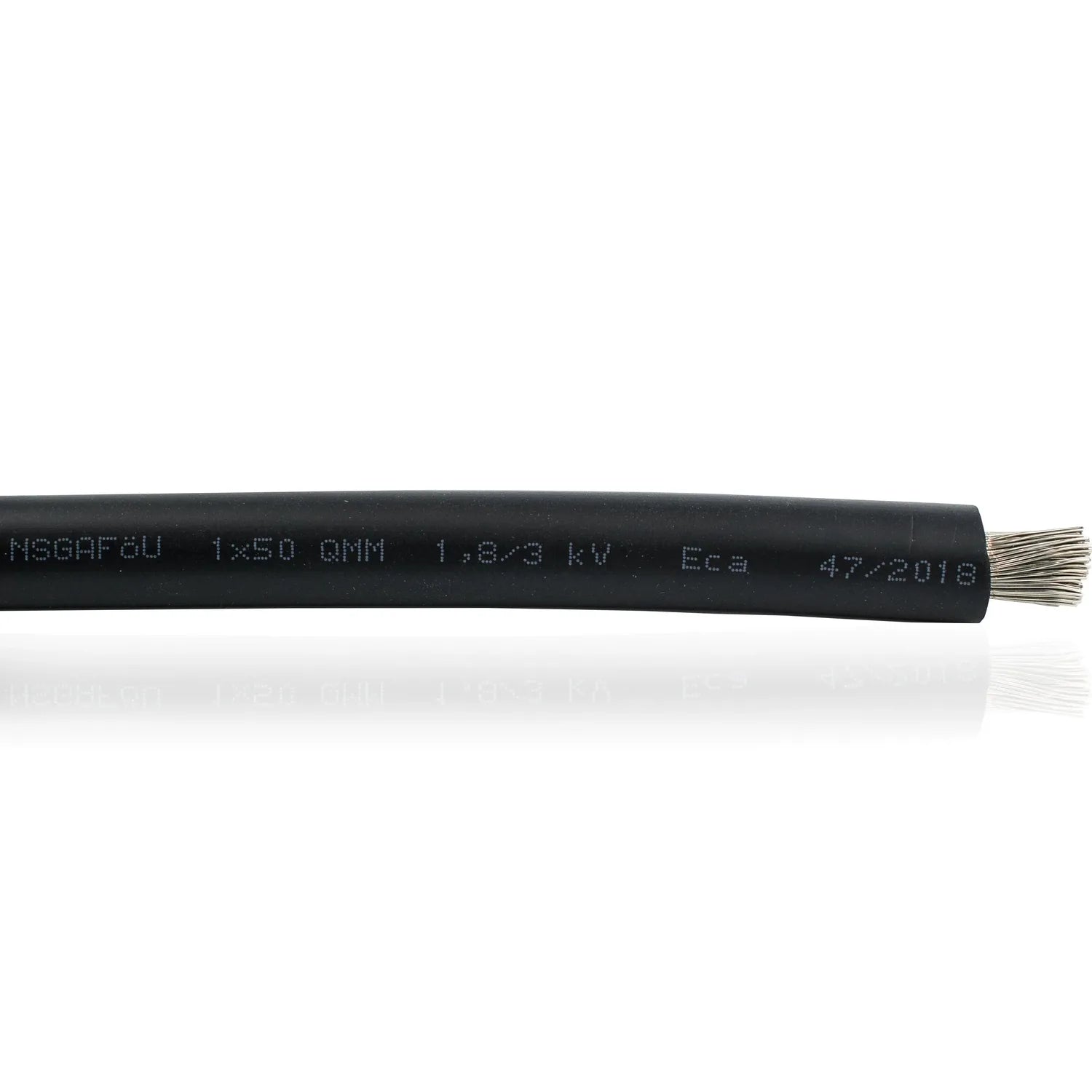 Black flexible cable with printed specifications including 1x50 QMM, 1.6/2.3 KV rating, and manufacturing date visible on the