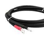 Black battery cable pair with red and silver connectors coiled on white background.