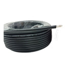 Coiled black solar PV cable with visible specifications printed on sheath and bare copper wire end exposed, showing product p