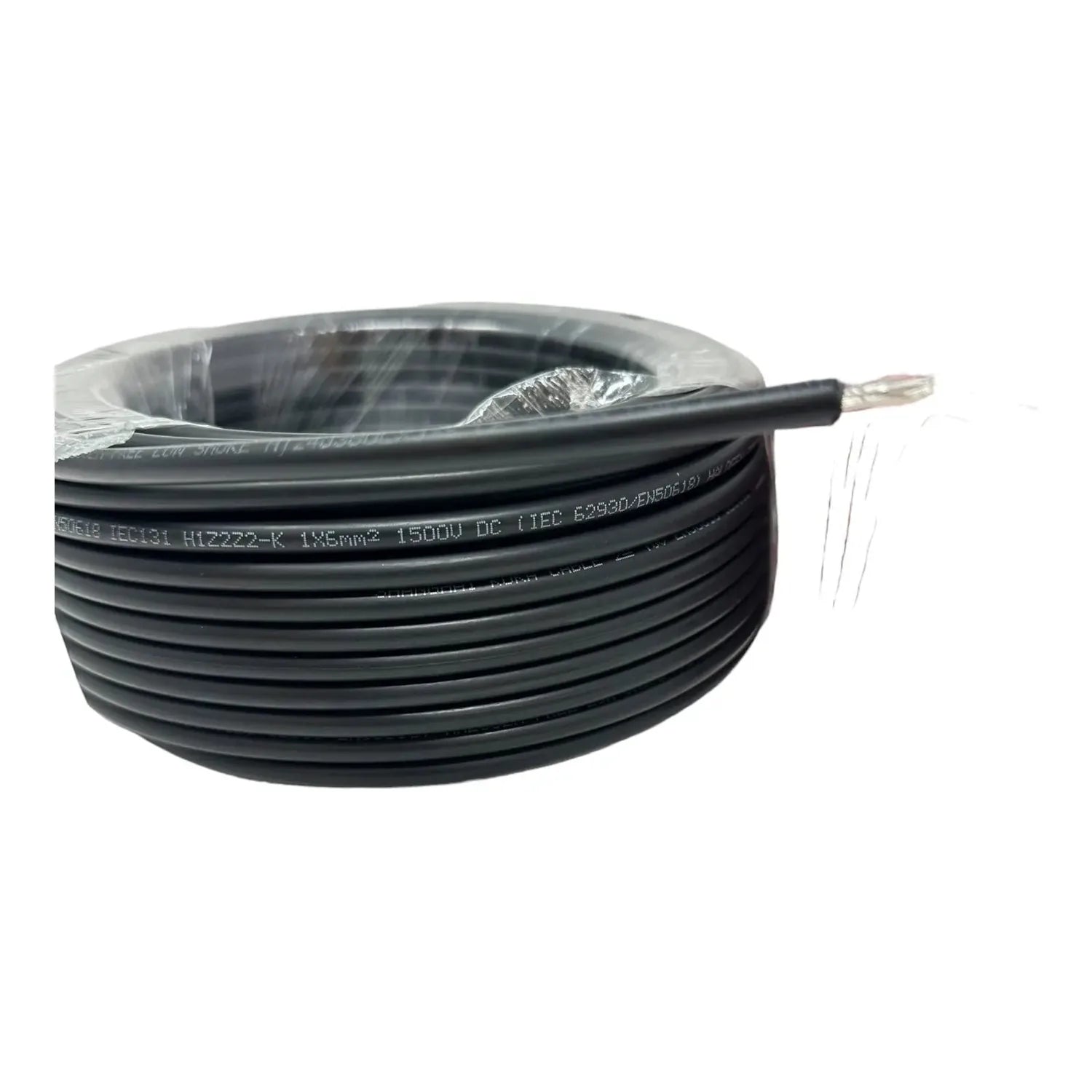 Coiled black solar PV cable with visible specifications printed on sheath and bare copper wire end exposed, showing product p