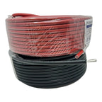Coiled red and black solar PV cables wrapped in clear plastic packaging with product label visible.