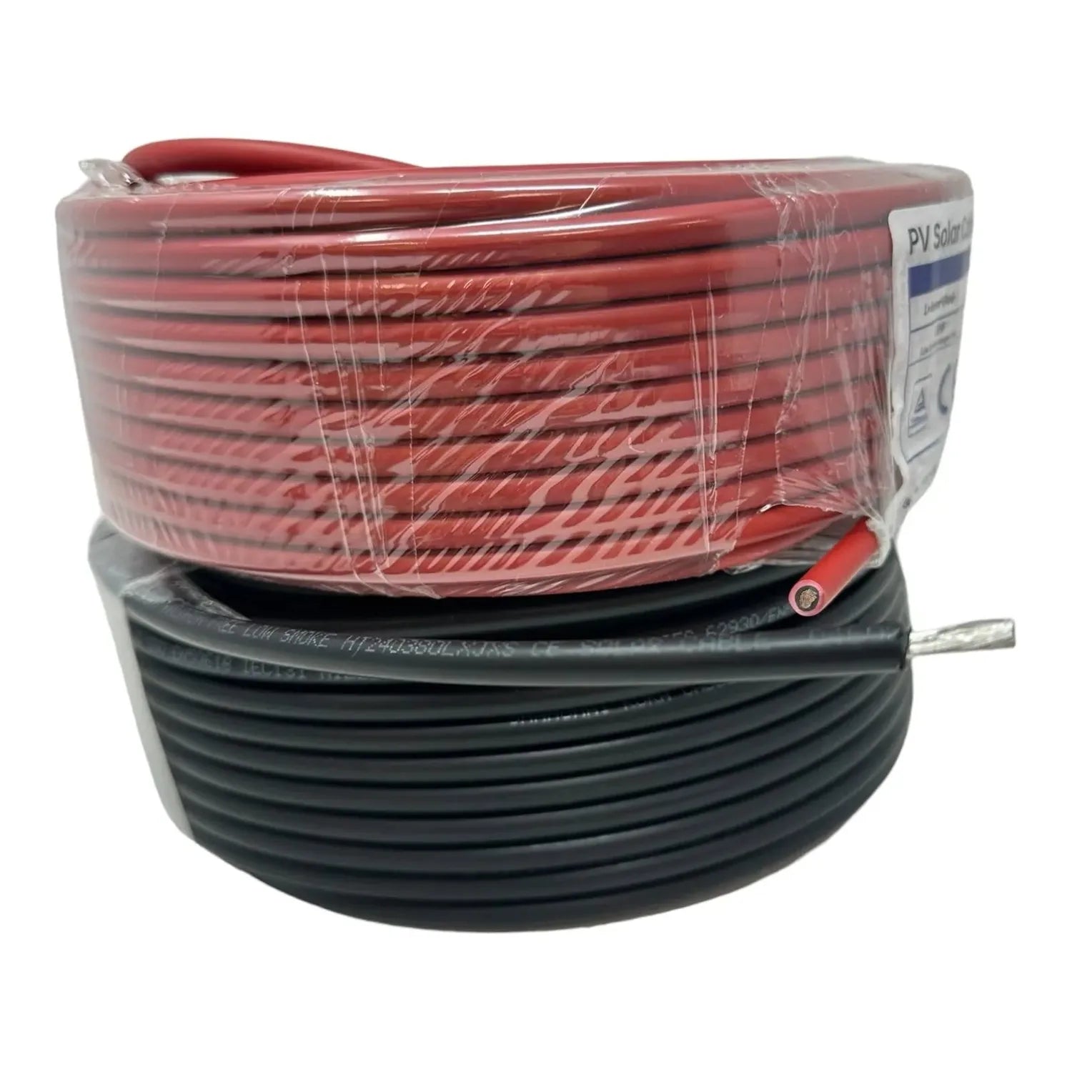 Coiled red and black solar PV cables wrapped in clear plastic packaging with product label visible.