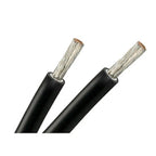 Two black solar PV cables with tinned copper conductors exposed at ends, shown against white background.