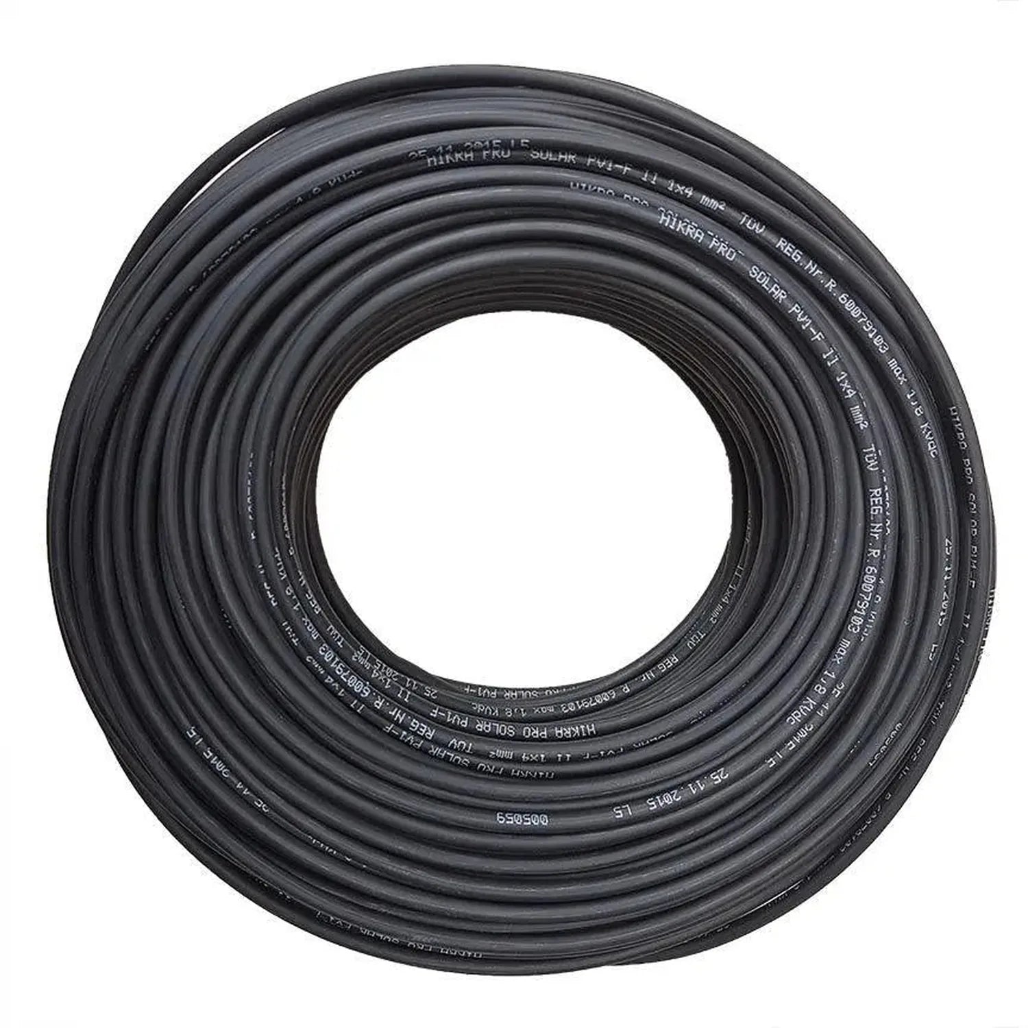 Coil of black solar PV cable with printed specifications visible on the outer surface, shown from above against a white backg