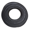 Coiled black solar PV cable on 500-meter drum, shown from above with printed specifications visible on outer layers.