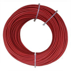 Coiled red solar cable on 500m drum with gray cable ties, shown against white background.