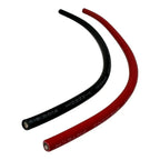 Two curved solar PV cables, one black and one red, showing printed specifications and copper connectors at the ends.