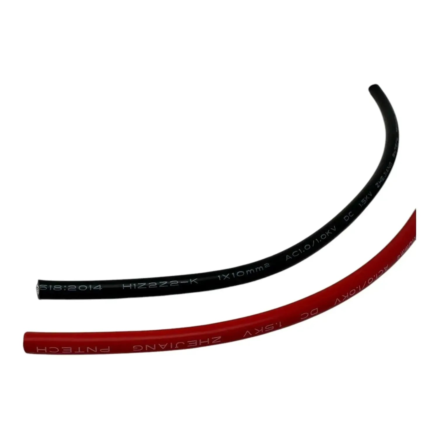 Two curved sections of solar PV cable, one black and one red, displaying printed specifications and sizing information.