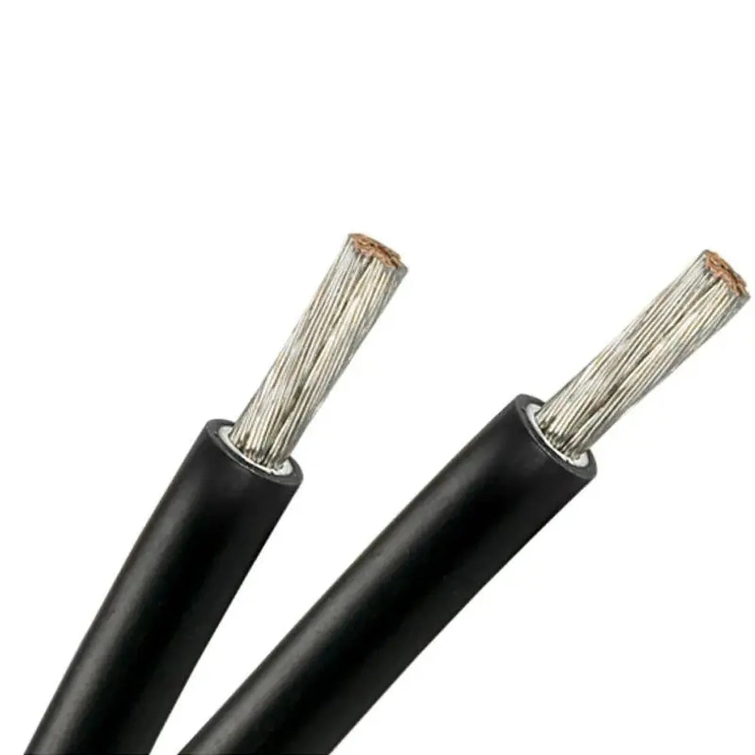 Two black insulated solar cables with tinned copper conductors exposed at the ends, shown against white background.