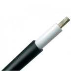 Close-up of black solar PV cable with white insulation collar and tinned copper conductor visible at end.