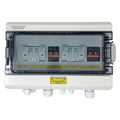 Voltagon PV DC combiner box with dual string inputs and outputs, featuring Beny disconnect switches and breakers behind trans