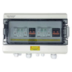Voltagon PV DC combiner box with dual string inputs and outputs, featuring Beny disconnect switches and breakers behind trans