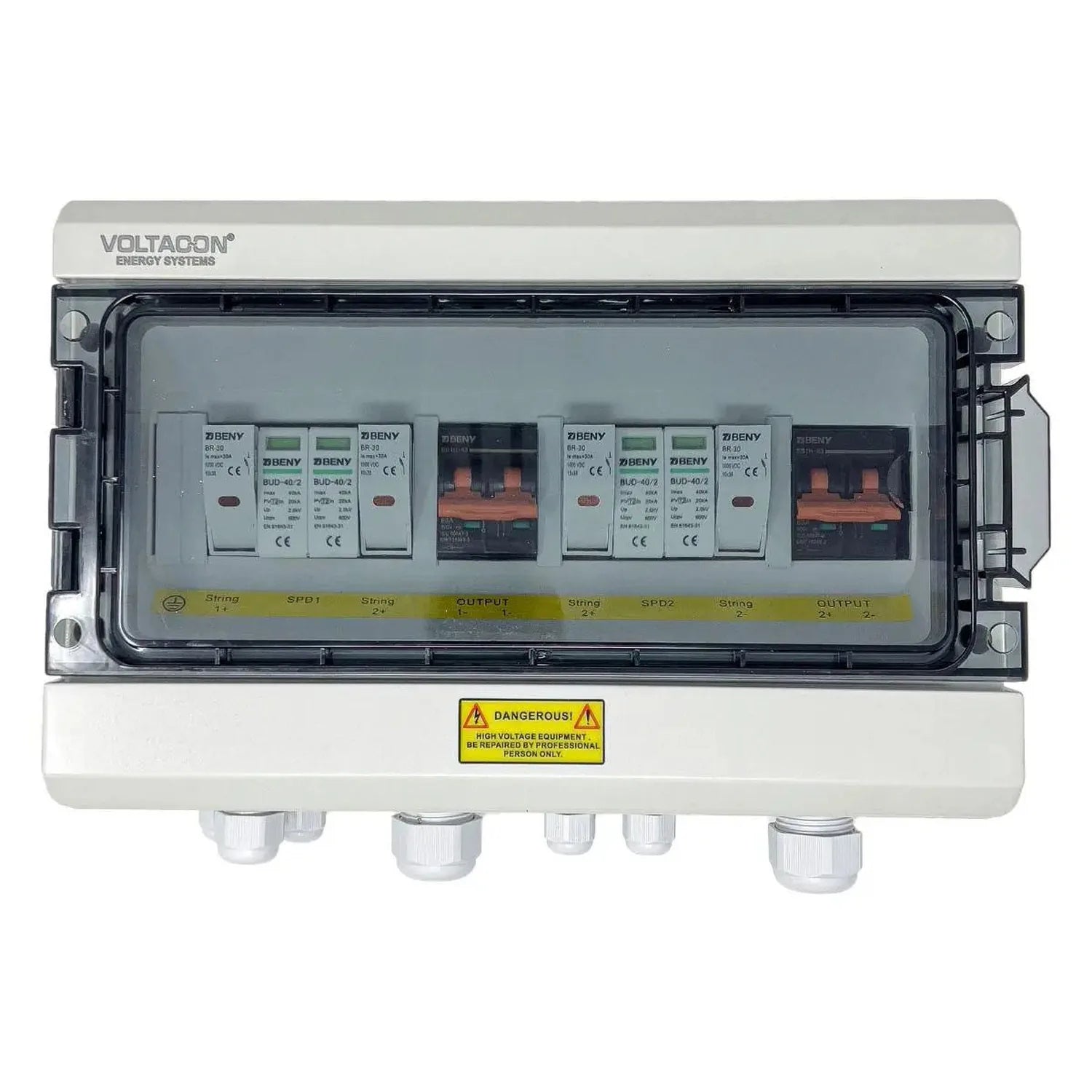 Voltagon PV DC combiner box with dual string inputs and outputs, featuring Beny disconnect switches and breakers behind trans