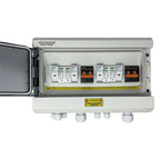 Voltagon PV DC Combiner Box mounted on white enclosure with open door revealing white and orange circuit breakers and yellow 