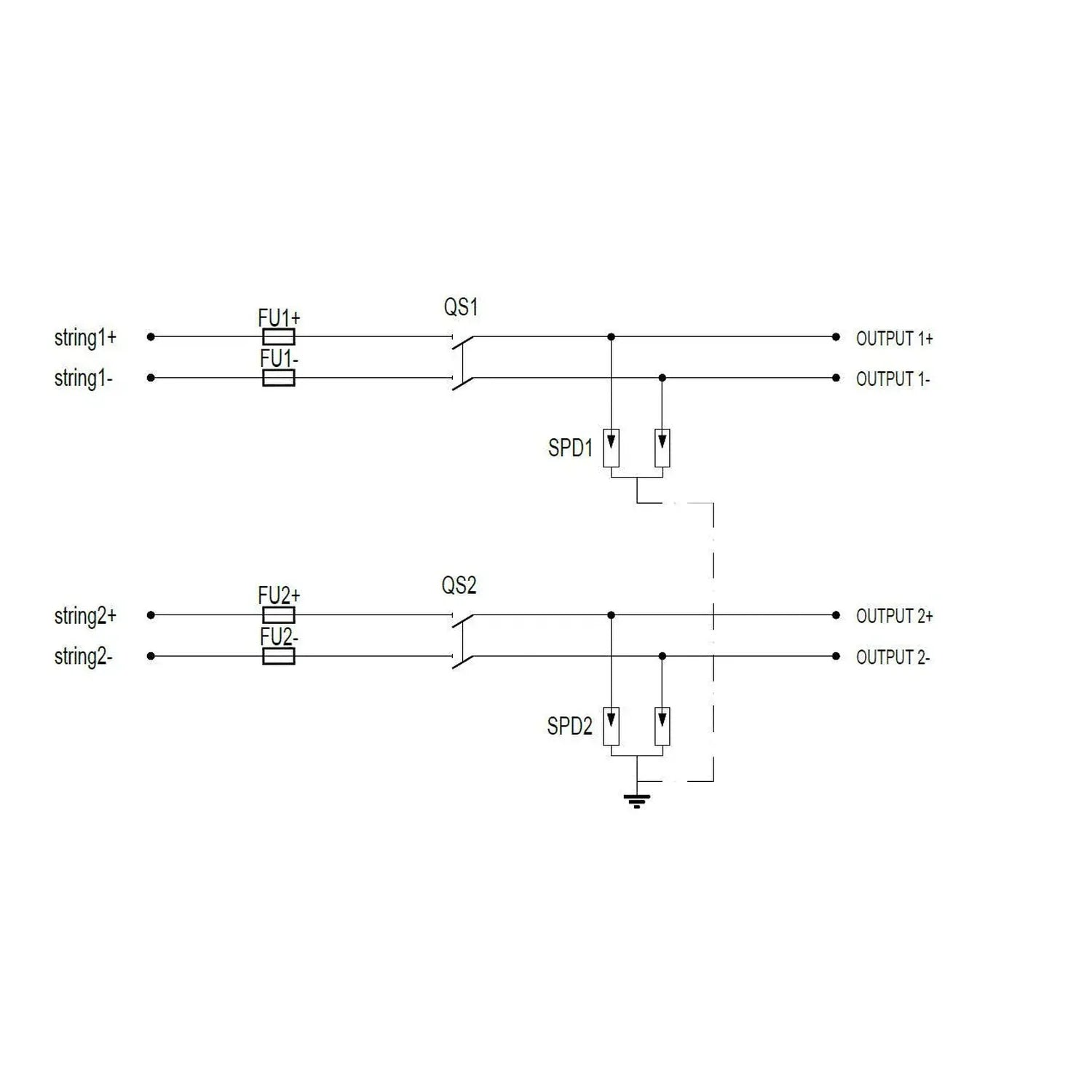 Electrical schematic diagram showing two-string PV combiner box configuration with fused inputs, DC disconnect switches, and 