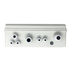 White rectangular combiner box with multiple threaded cable entry ports of varying sizes arranged across front face.